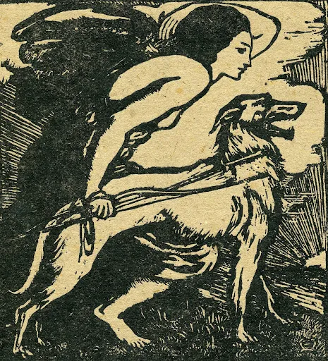 Abbey Theatre logo: Queen Maeve and wolfhound, by Elinor Monsell (1904)