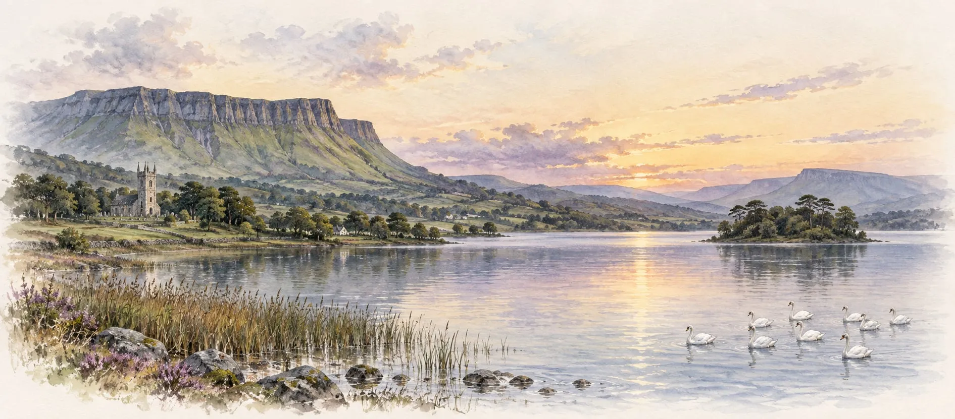 Watercolour of Ben Bulben, Lough Gill and Innisfree, with swans on the water at dusk