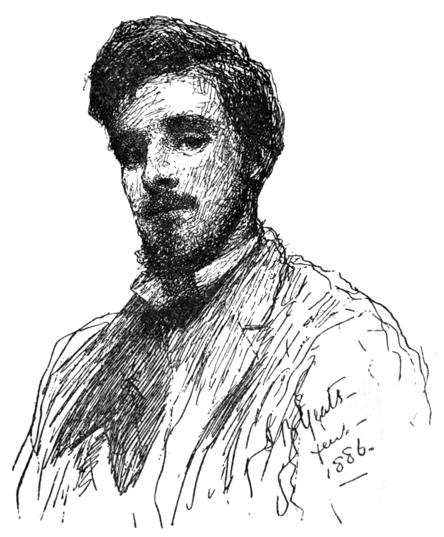 W. B. Yeats, pen-and-ink sketch by John Butler Yeats (1886)